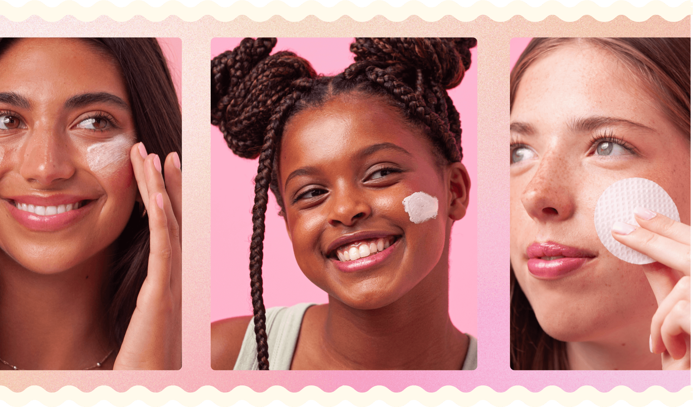 A set of three teen girls using Fawn products: Clarity Cloud foaming cleanser, Pore Shrink Mask, and Acne Wipes.