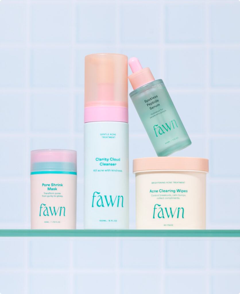 A set of four Fawn products: acne wipes, foaming cleanser, pore shrink mask, and peptide serum.