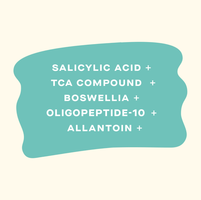 A graphic telling what ingredients are in Fawn Acne Wipes: Salicyclic Acid, TCA Compound, Boswellia, Oligopeptide-10, Allantoin