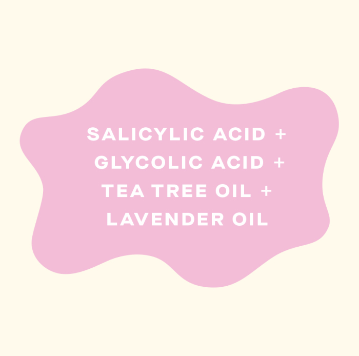 A graphic telling what ingredients are in Fawn Clarity Cloud Cleanser: Salicylic acid, Glycolic acid, Tea Tree oil, and Lavender oil