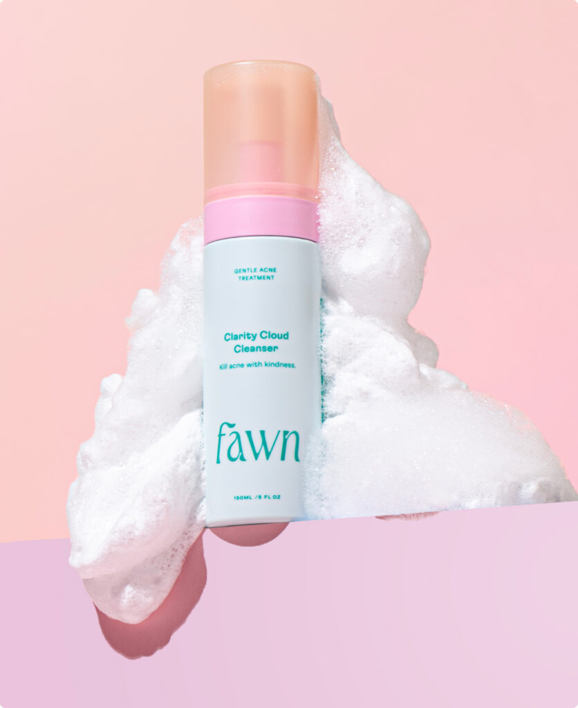 Fawn Clarity Cloud foaming cleanser with a cloud of foam around the bottle.