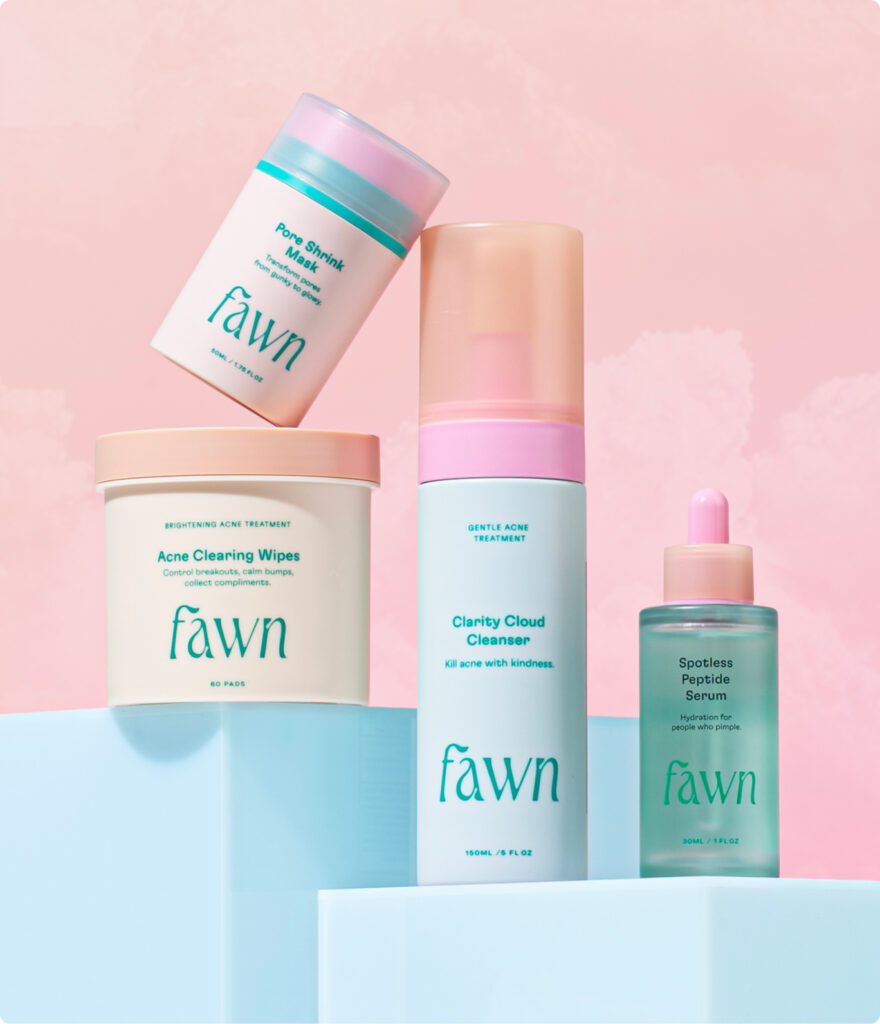 A playful scene of the four Fawn products: acne wipes, foaming cleanser, pore shrink mask, and peptide serum.